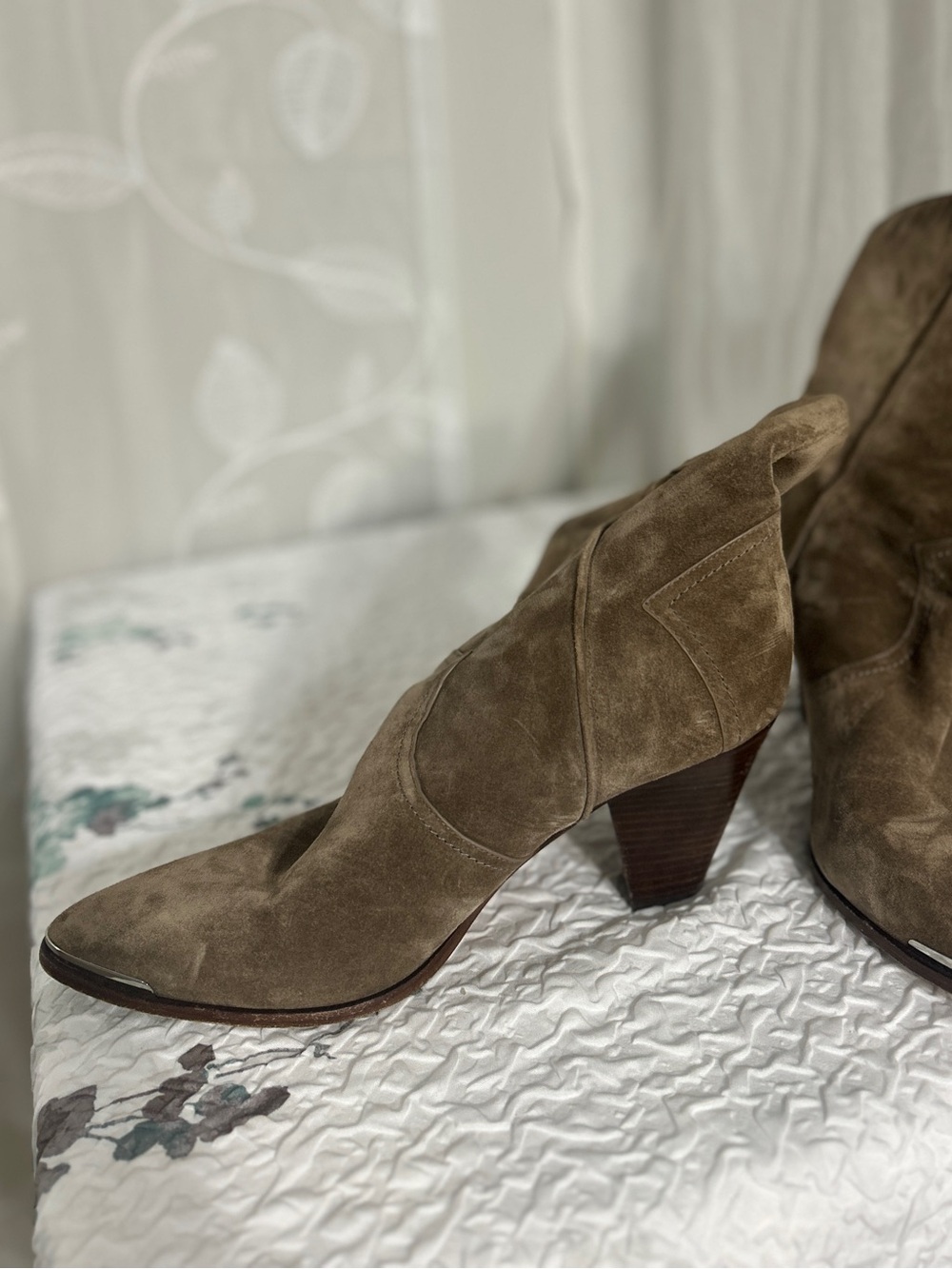 Veronica Beard Olive Taupe Suede Pointed Toe Ankle Boots